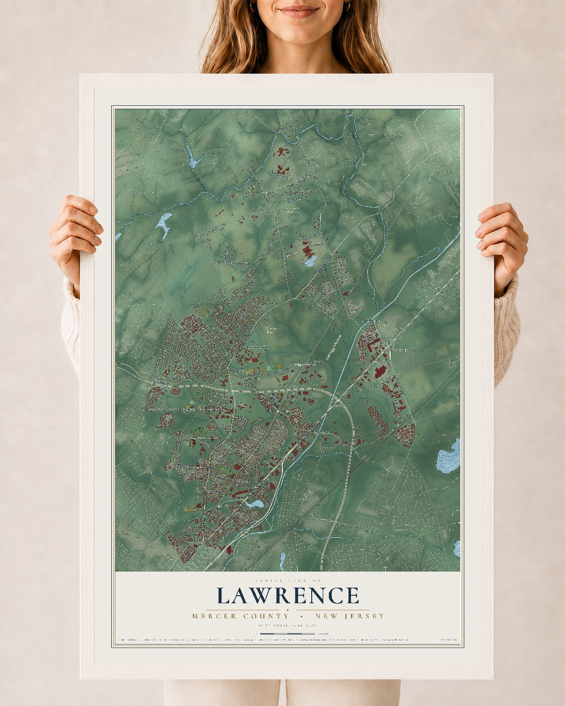 Lawrence, New Jersey map print, 24" x 36" W/ White Ayous Wood Frame mockup