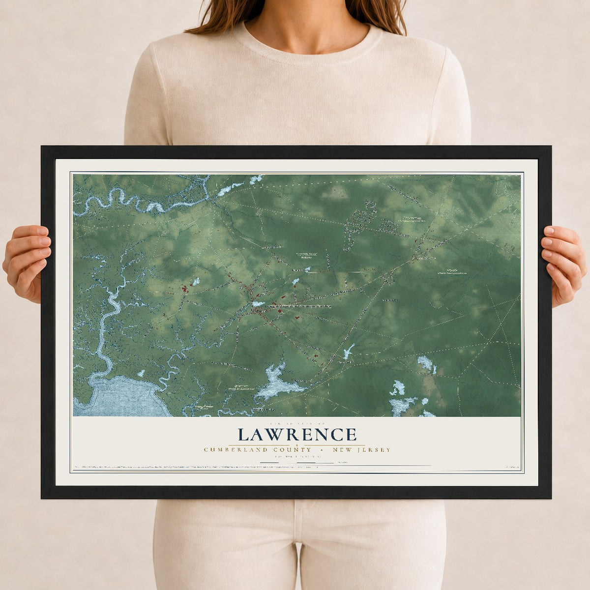 Lawrence, New Jersey map print, 12" x 18" W/ Black Ayous Wood Frame mockup