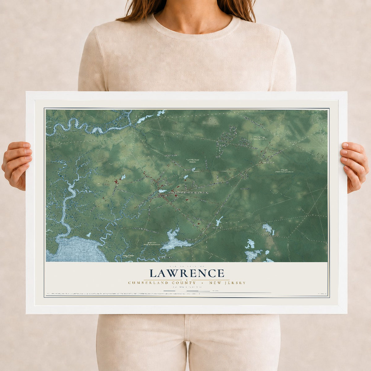 Lawrence, New Jersey map print, 12" x 18" W/ White Ayous Wood Frame mockup