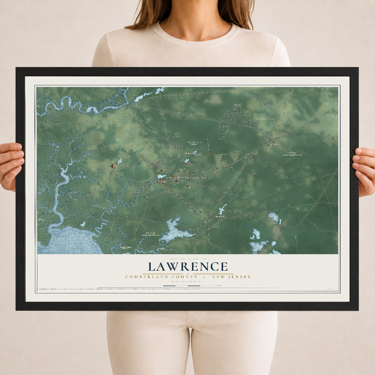 Lawrence, New Jersey map print, 18" x 24" W/ Black Ayous Wood Frame mockup