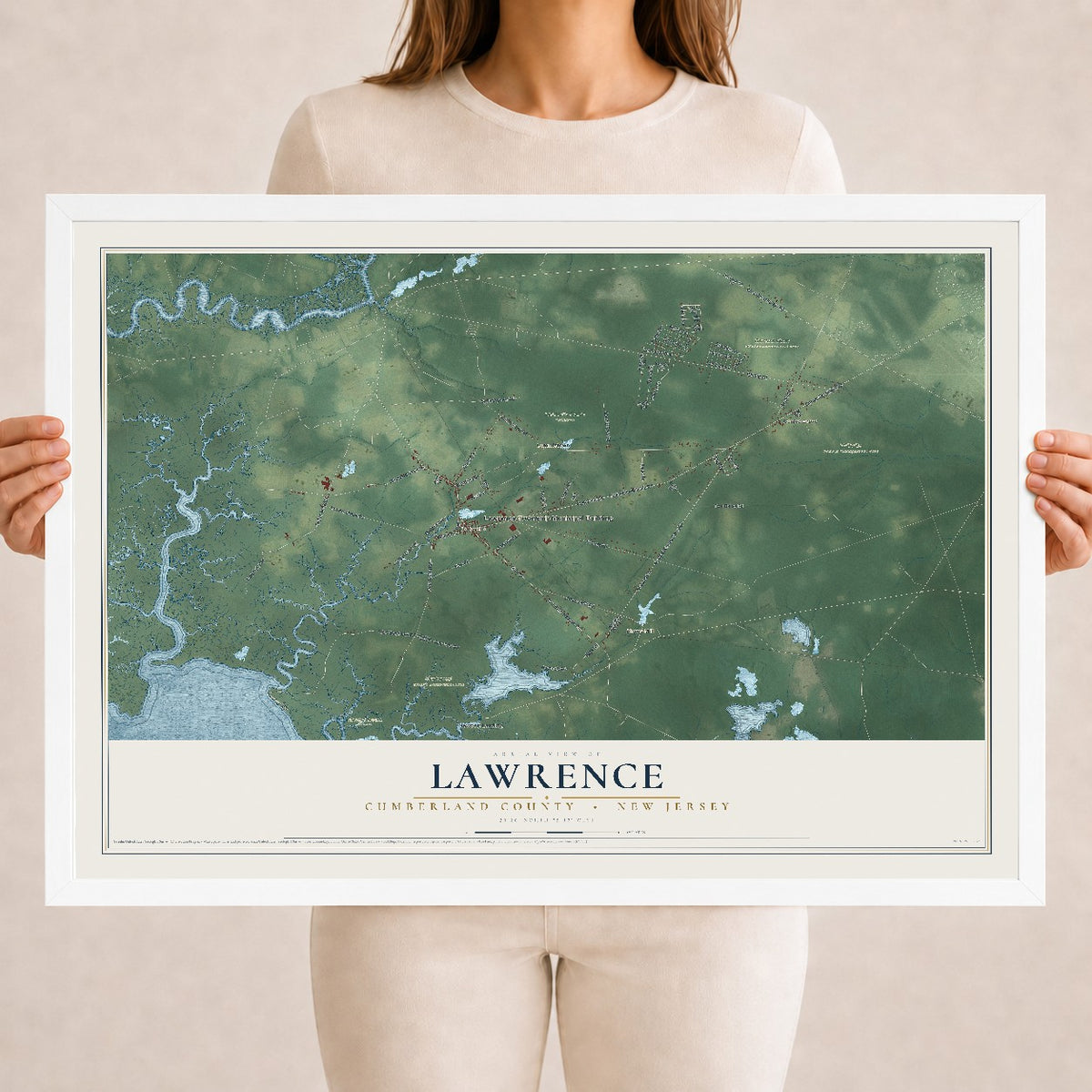 Lawrence, New Jersey map print, 18" x 24" W/ White Ayous Wood Frame mockup