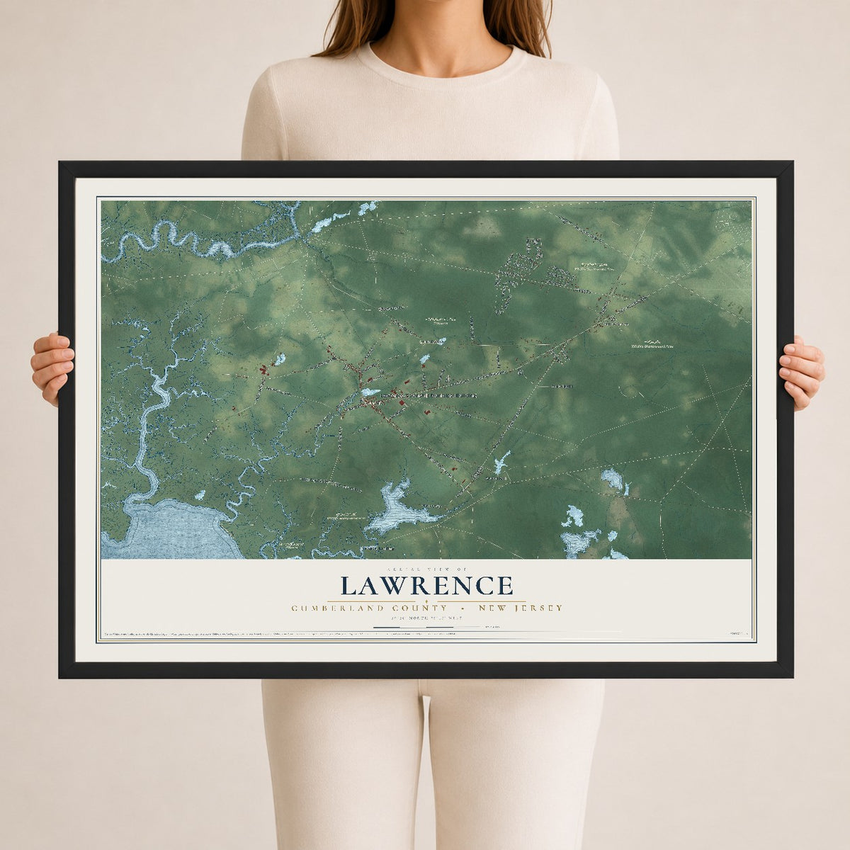 Lawrence, New Jersey map print, 24" x 36" W/ Black Ayous Wood Frame mockup