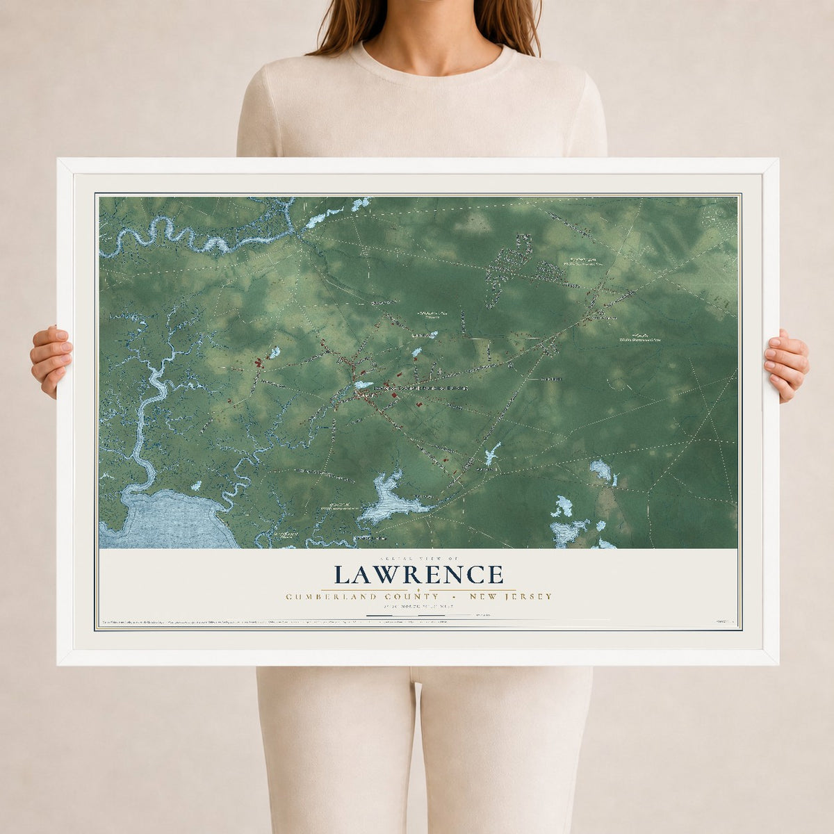 Lawrence, New Jersey map print, 24" x 36" W/ White Ayous Wood Frame mockup
