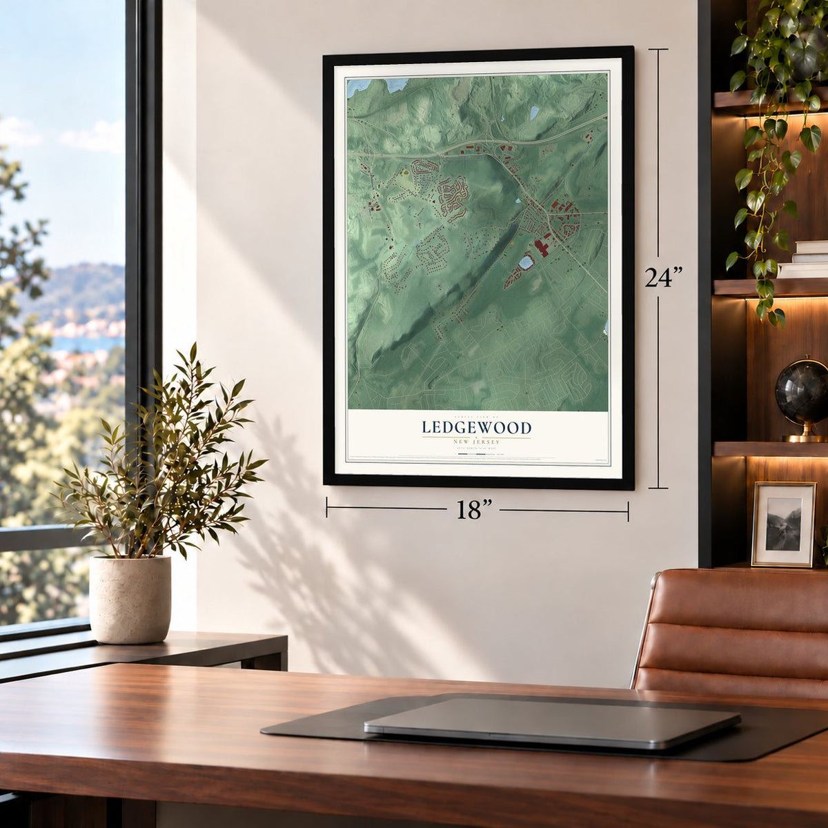 Ledgewood, New Jersey map, 18 x 24 inch print in a black frame in a home office