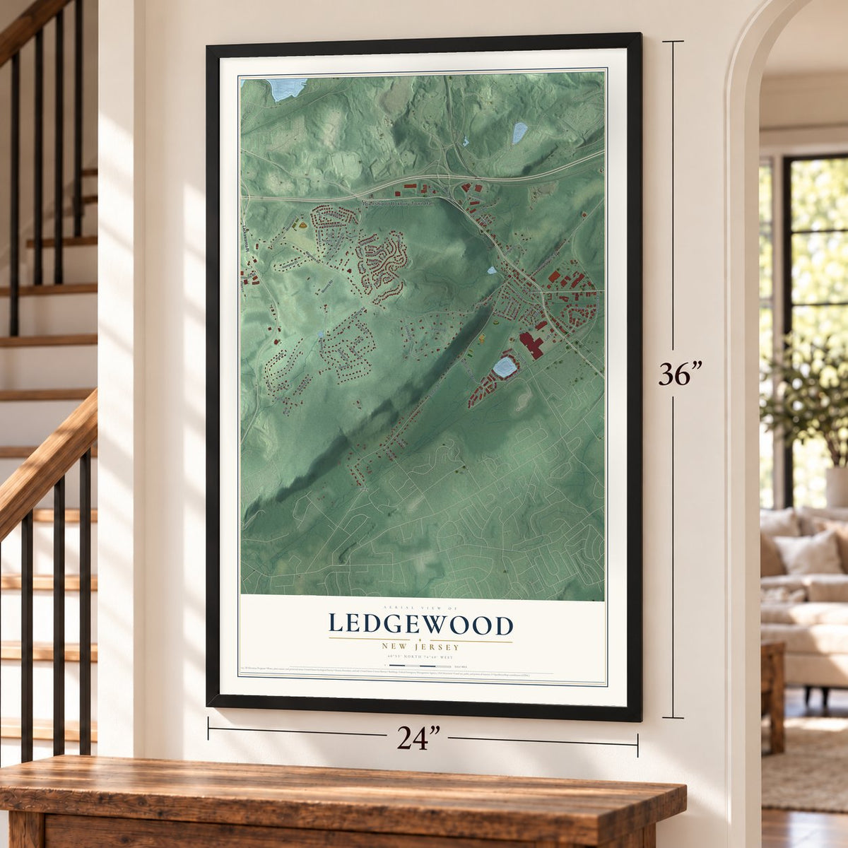 Ledgewood, New Jersey map, 24 x 36 inch print in a black frame by a staircase
