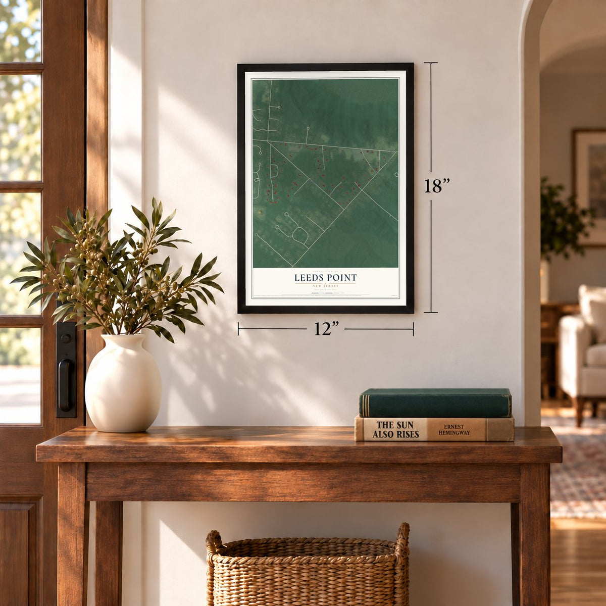 Leeds Point, New Jersey map, 12 x 18 inch print in a black frame in an entryway
