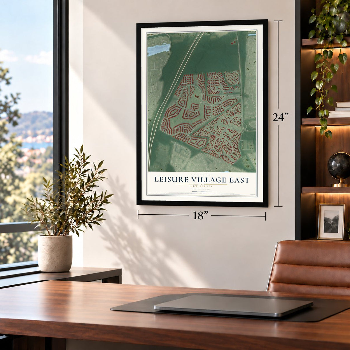 Leisure Village East, New Jersey map, 18 x 24 inch print in a black frame in a home office