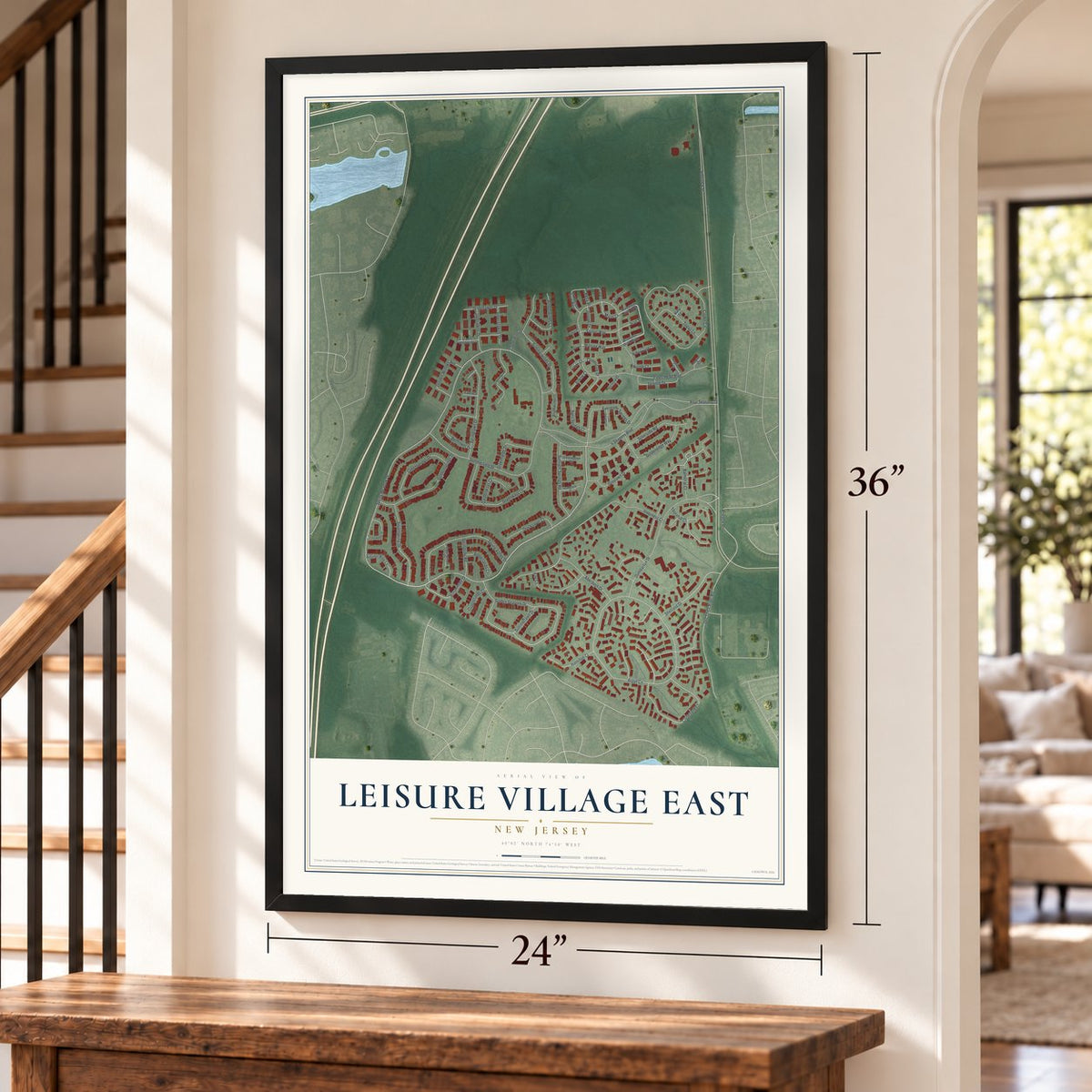Leisure Village East, New Jersey map, 24 x 36 inch print in a black frame by a staircase
