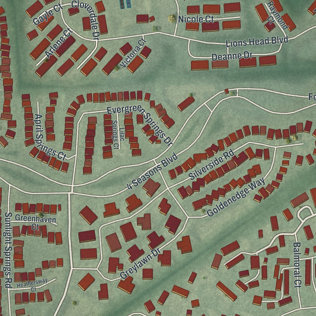 Close-up of the map of Leisure Village East, New Jersey print showing street and building detail