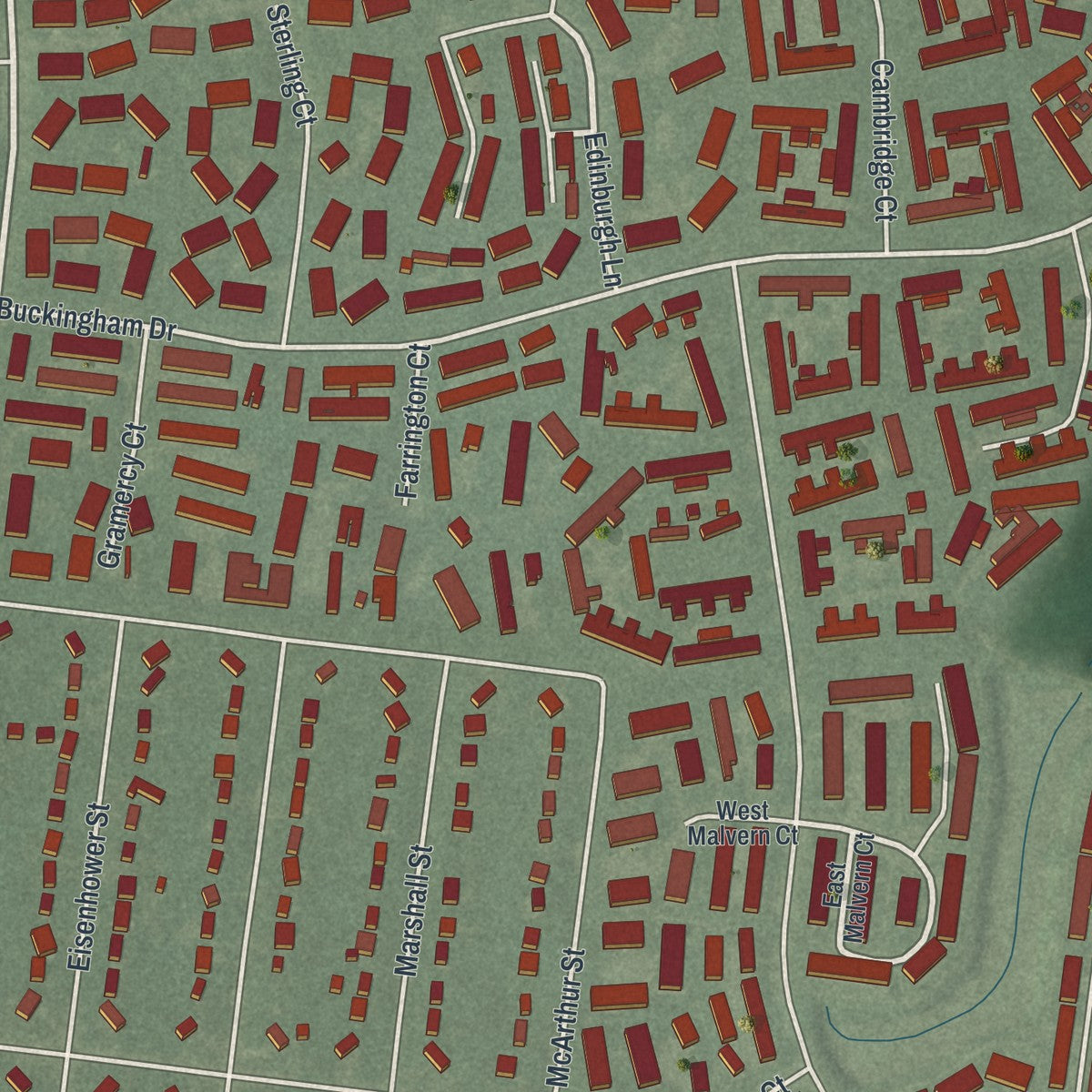 Close-up of the map of Leisure Village, New Jersey print showing street and building detail