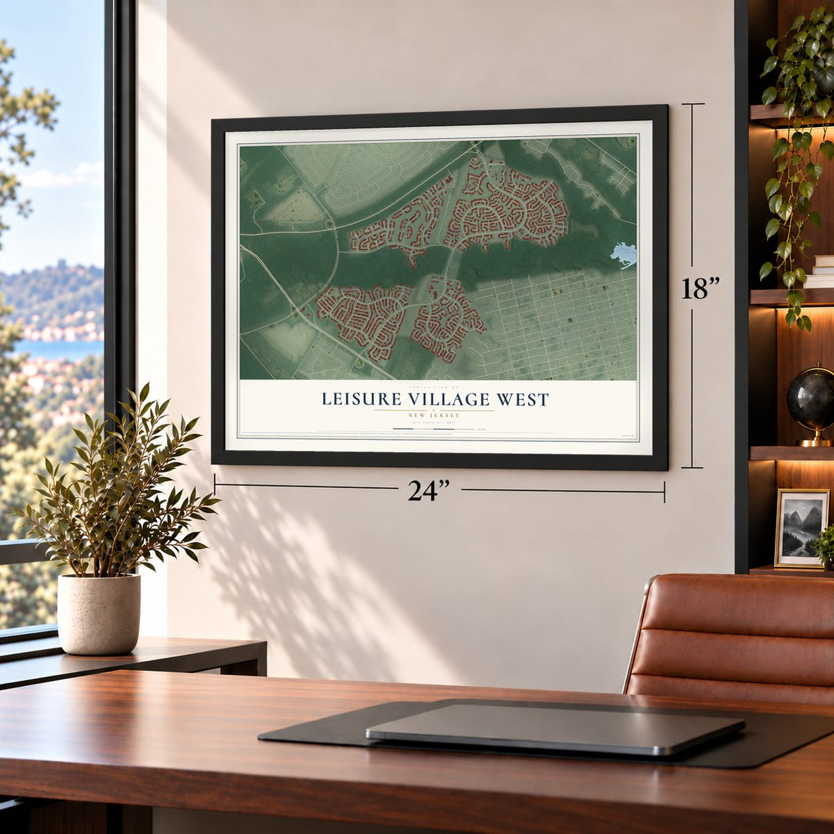 Leisure Village West, New Jersey map, 18 x 24 inch print in a black frame in a home office