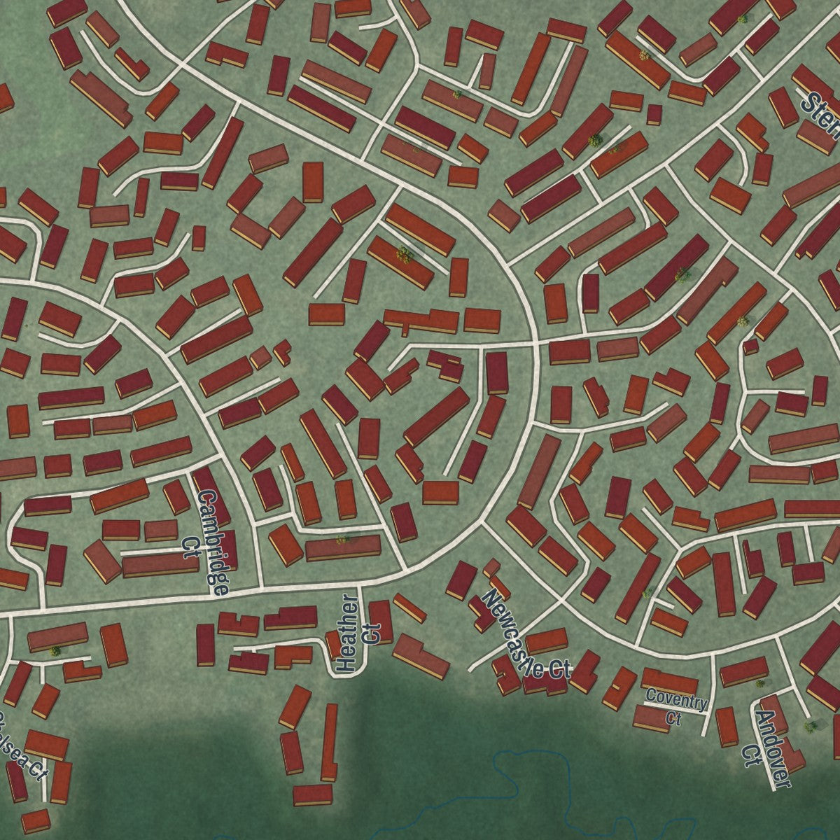 Close-up of the map of Leisure Village West, New Jersey print showing street and building detail