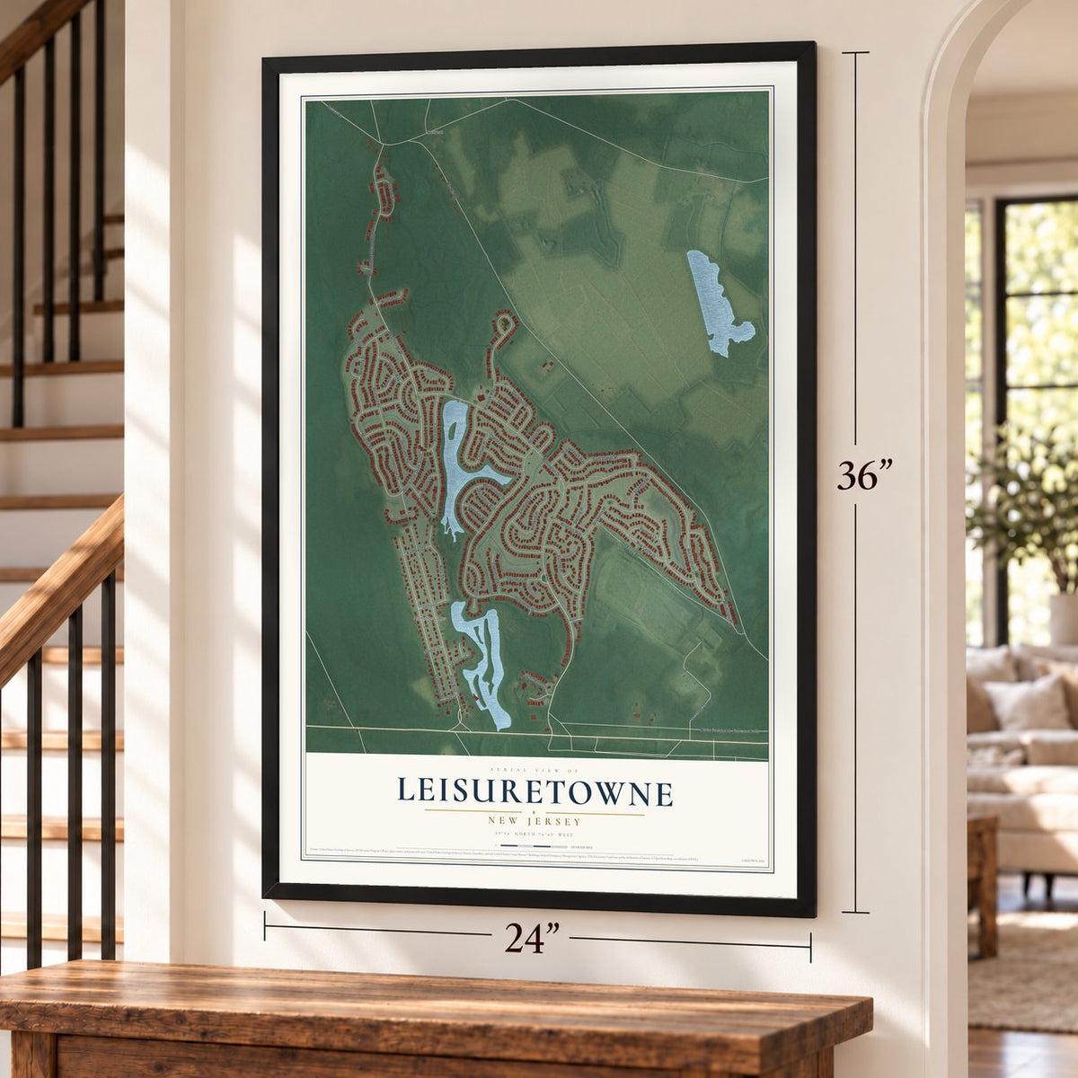 Leisuretowne, New Jersey map, 24 x 36 inch print in a black frame by a staircase
