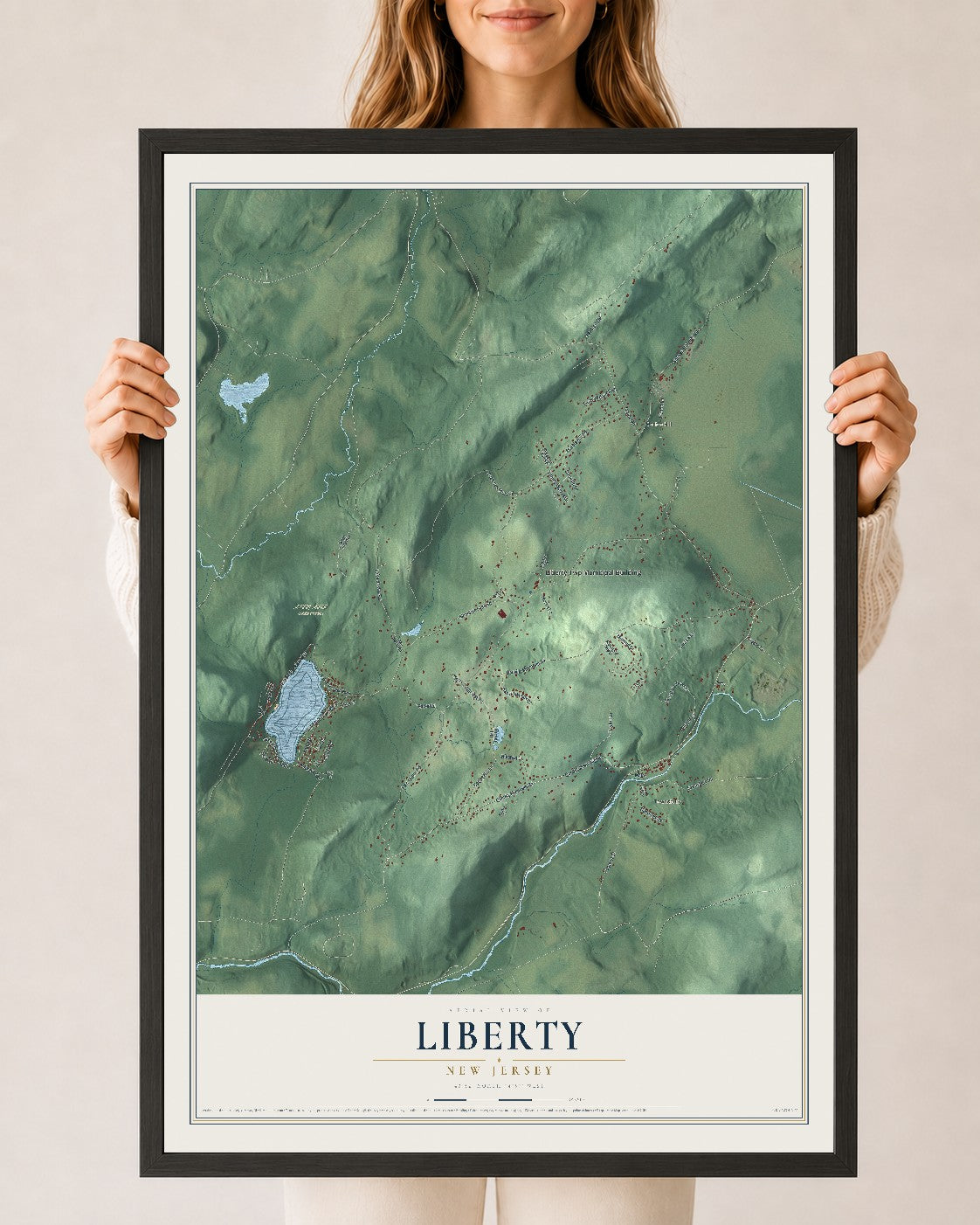 Liberty, New Jersey map print, 24" x 36" W/ Black Ayous Wood Frame mockup