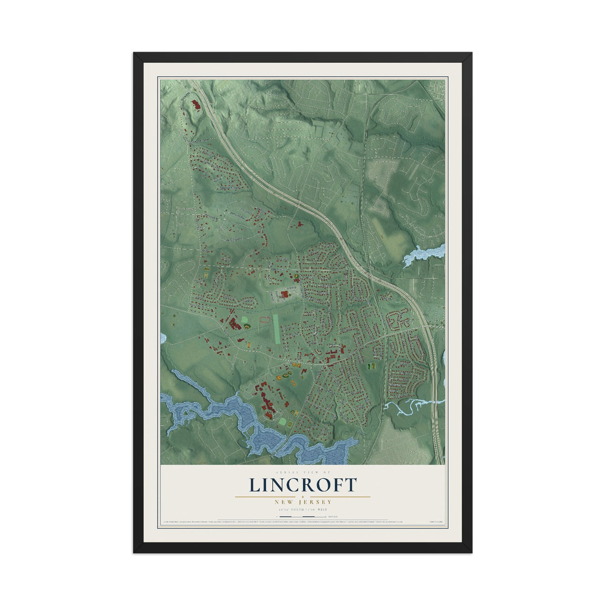 Lincroft, New Jersey map print, 12" x 18" W/ Black Ayous Wood Frame mockup