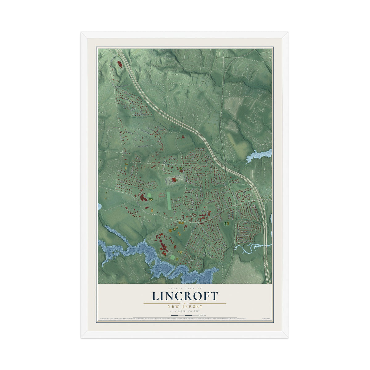 Lincroft, New Jersey map print, 12" x 18" W/ White Ayous Wood Frame mockup