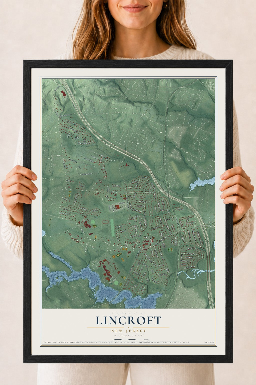 Lincroft, New Jersey map print, 18" x 24" W/ Black Ayous Wood Frame mockup