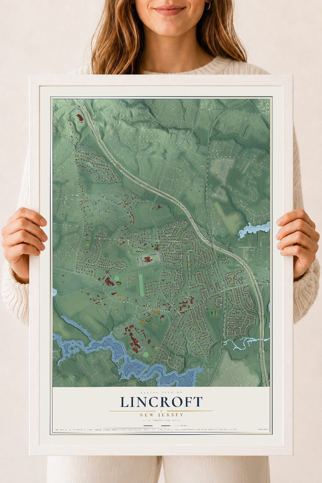 Lincroft, New Jersey map print, 18" x 24" W/ White Ayous Wood Frame mockup