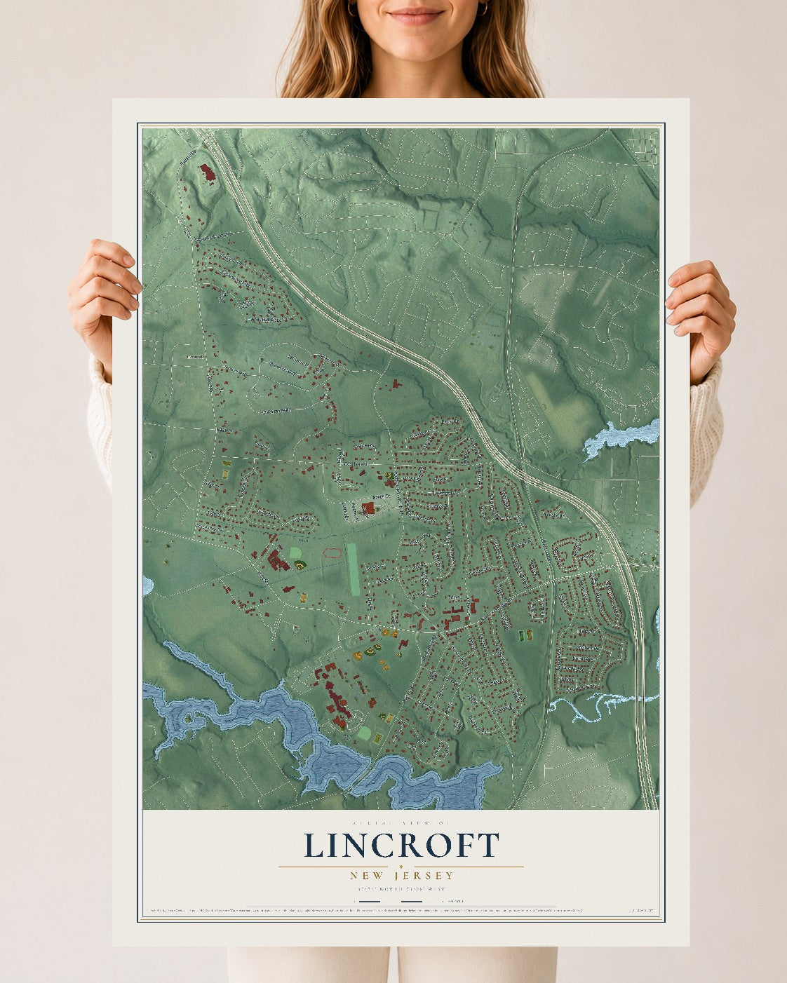 Lincroft, New Jersey map print, 24" x 36" Archival Matte Print mockup