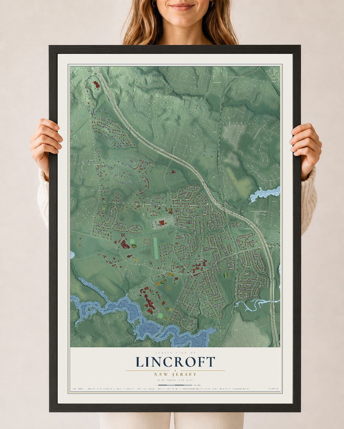 Lincroft, New Jersey map print, 24" x 36" W/ Black Ayous Wood Frame mockup
