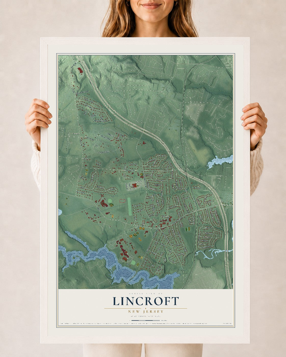 Lincroft, New Jersey map print, 24" x 36" W/ White Ayous Wood Frame mockup