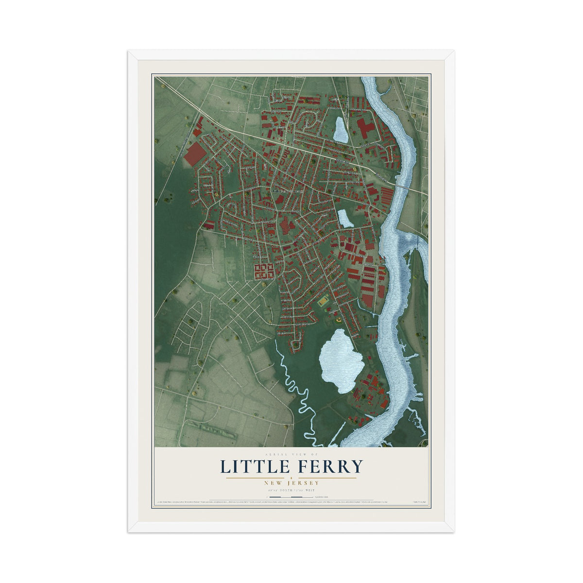 Little Ferry, New Jersey map print, 12" x 18" W/ White Ayous Wood Frame mockup