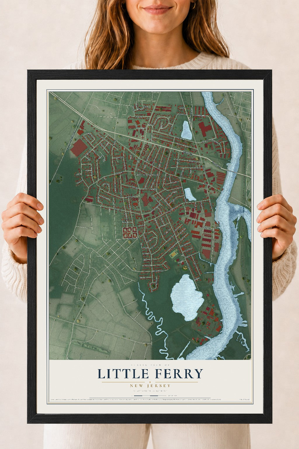 Little Ferry, New Jersey map print, 18" x 24" W/ Black Ayous Wood Frame mockup