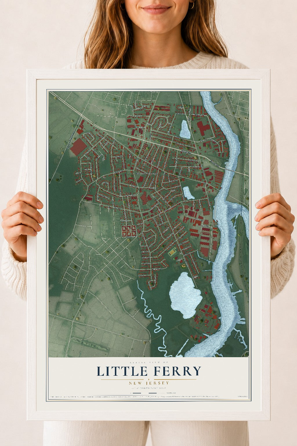 Little Ferry, New Jersey map print, 18" x 24" W/ White Ayous Wood Frame mockup