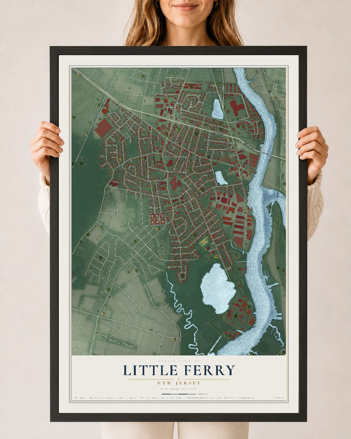 Little Ferry, New Jersey map print, 24" x 36" W/ Black Ayous Wood Frame mockup