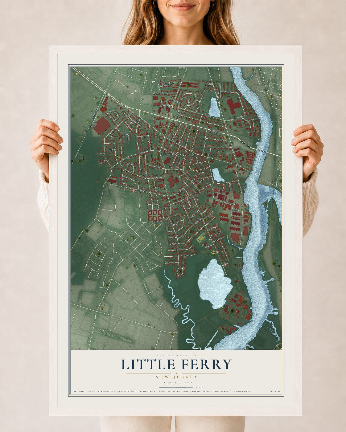 Little Ferry, New Jersey map print, 24" x 36" W/ White Ayous Wood Frame mockup