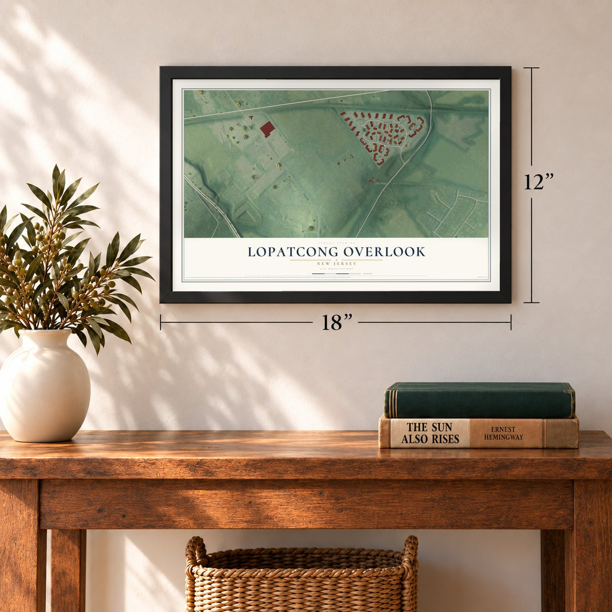 Lopatcong Overlook, New Jersey map, 12 x 18 inch print in a black frame in an entryway