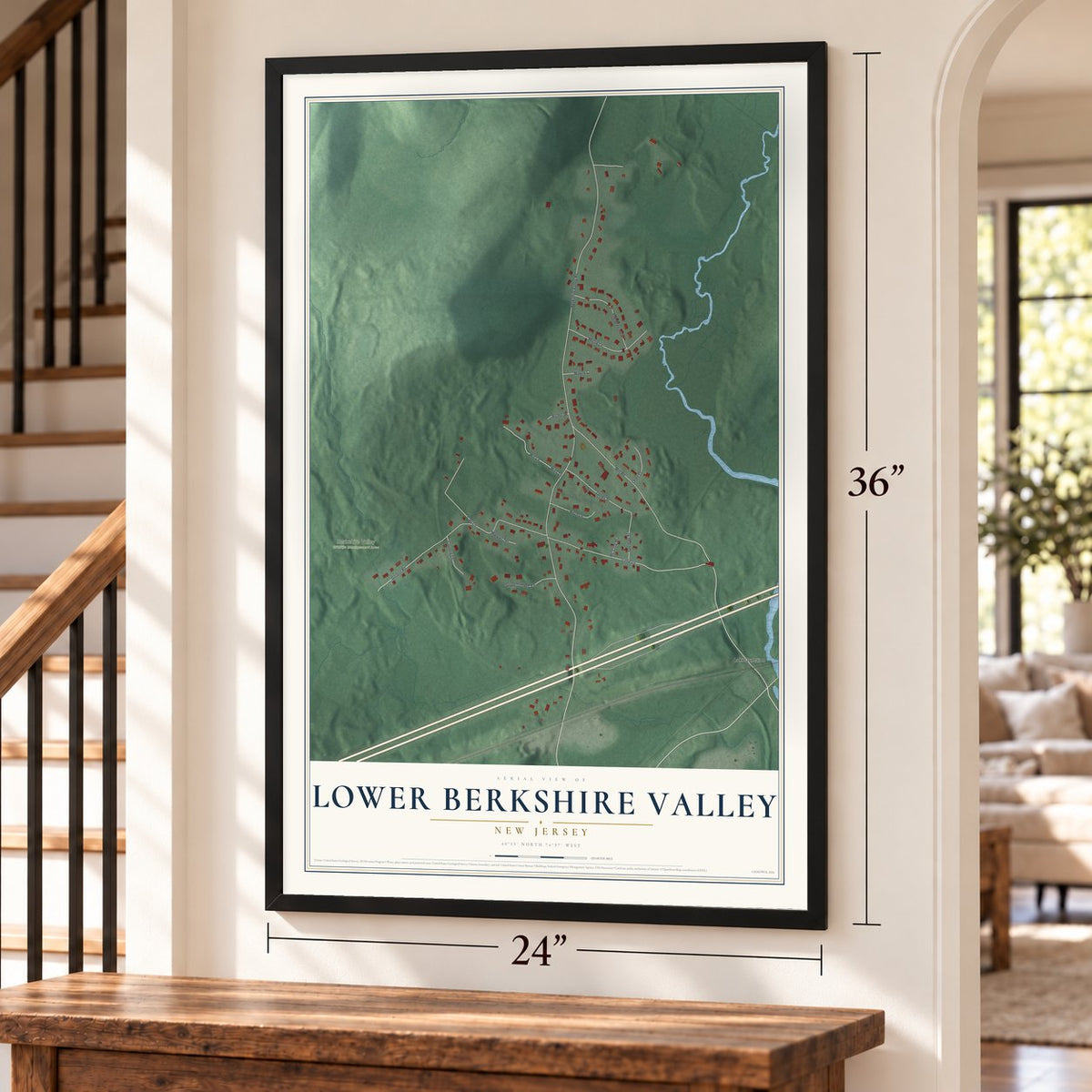 Lower Berkshire Valley, New Jersey map, 24 x 36 inch print in a black frame by a staircase