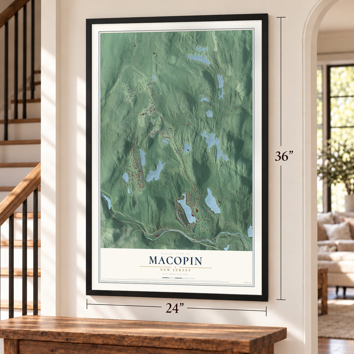 Macopin, New Jersey map, 24 x 36 inch print in a black frame by a staircase