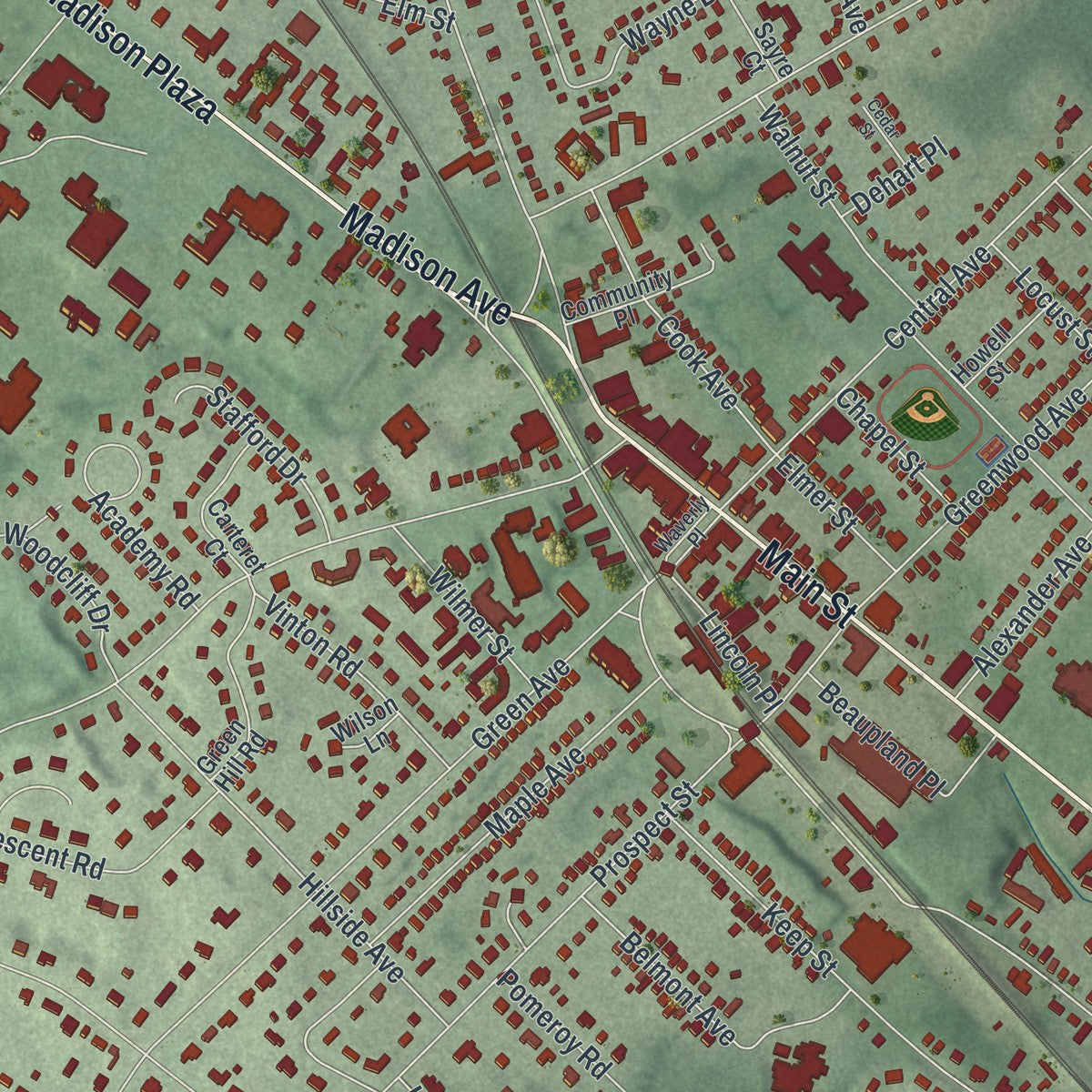 Close-up 1 of the Madison, New Jersey map artwork