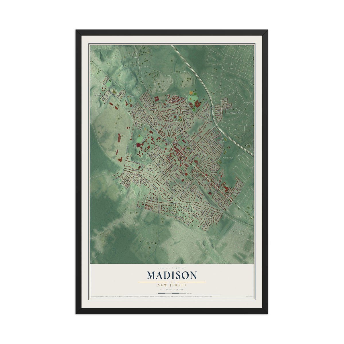 Madison, New Jersey map print, 12" x 18" W/ Black Ayous Wood Frame mockup