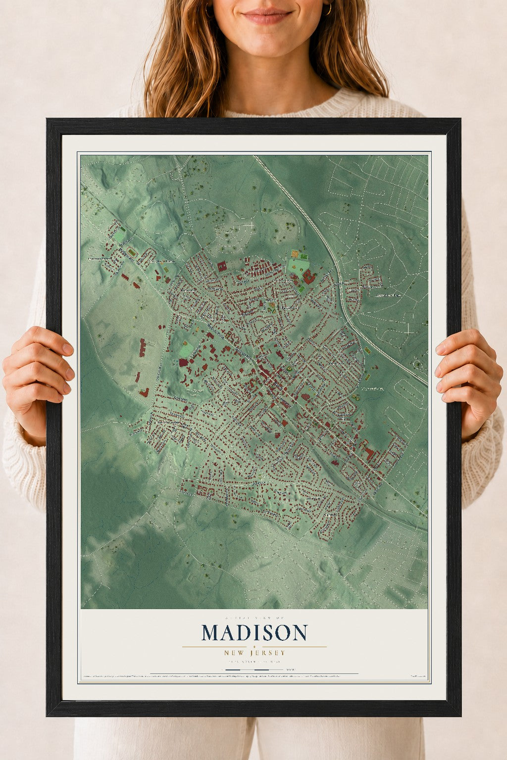 Madison, New Jersey map print, 18" x 24" W/ Black Ayous Wood Frame mockup