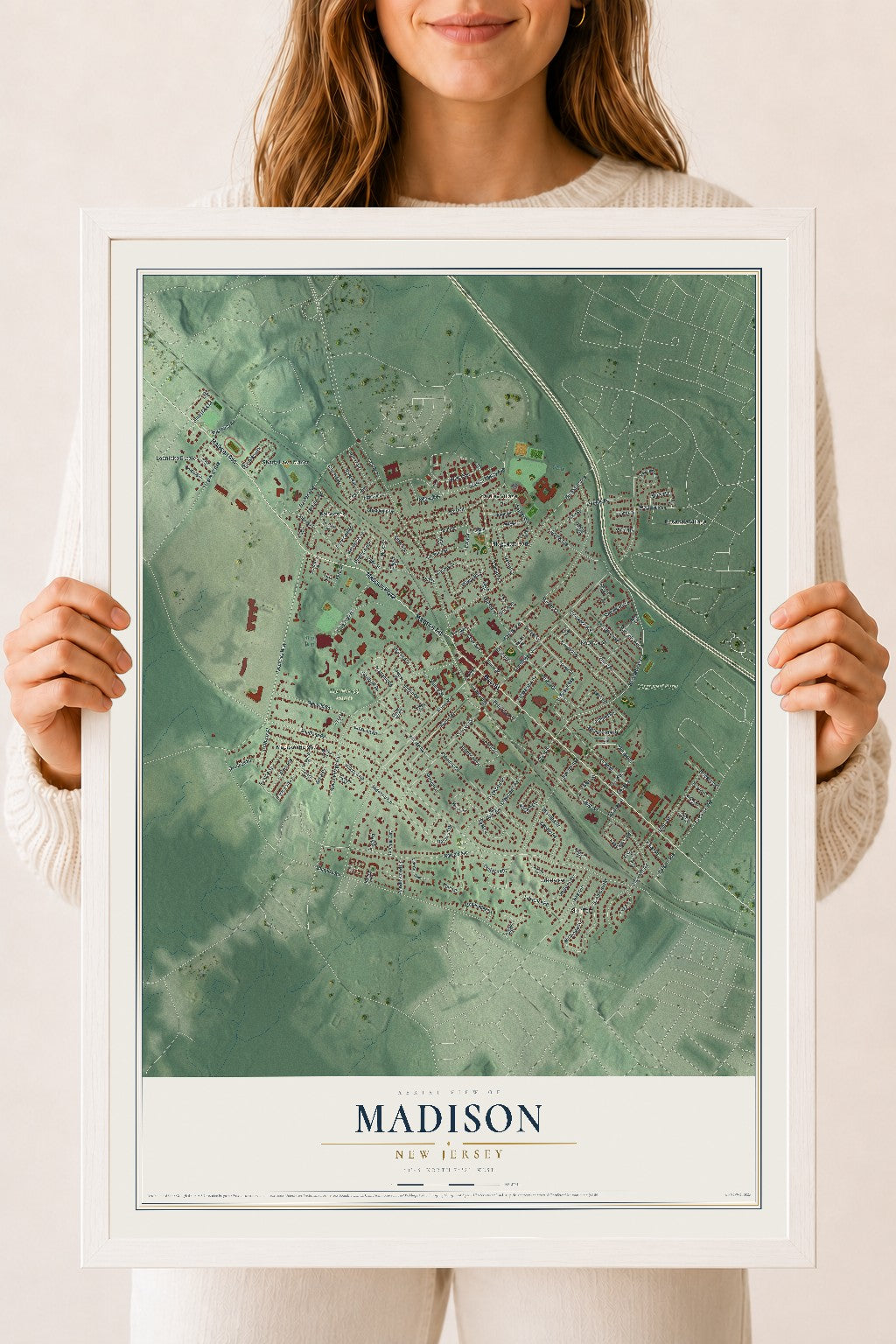 Madison, New Jersey map print, 18" x 24" W/ White Ayous Wood Frame mockup