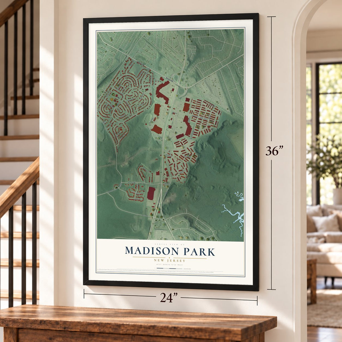 Madison Park, New Jersey map, 24 x 36 inch print in a black frame by a staircase
