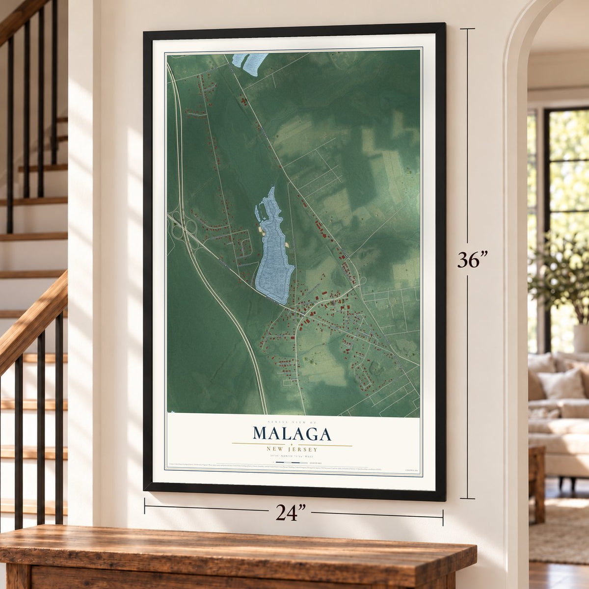 Malaga, New Jersey map, 24 x 36 inch print in a black frame by a staircase