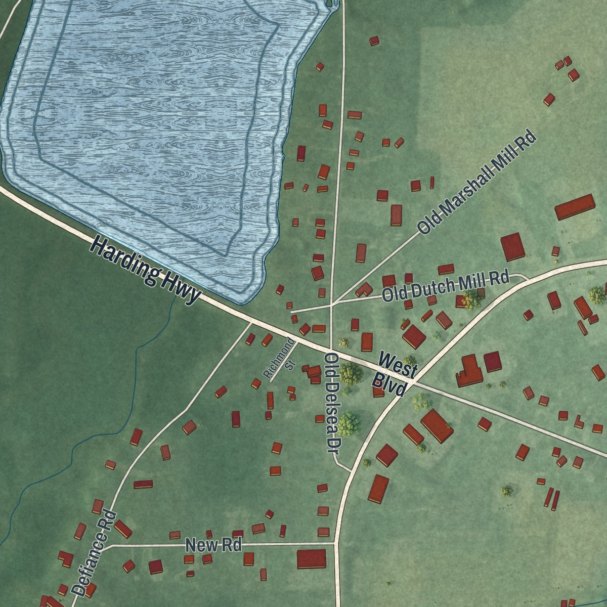 Close-up of the map of Malaga, New Jersey print showing street and building detail