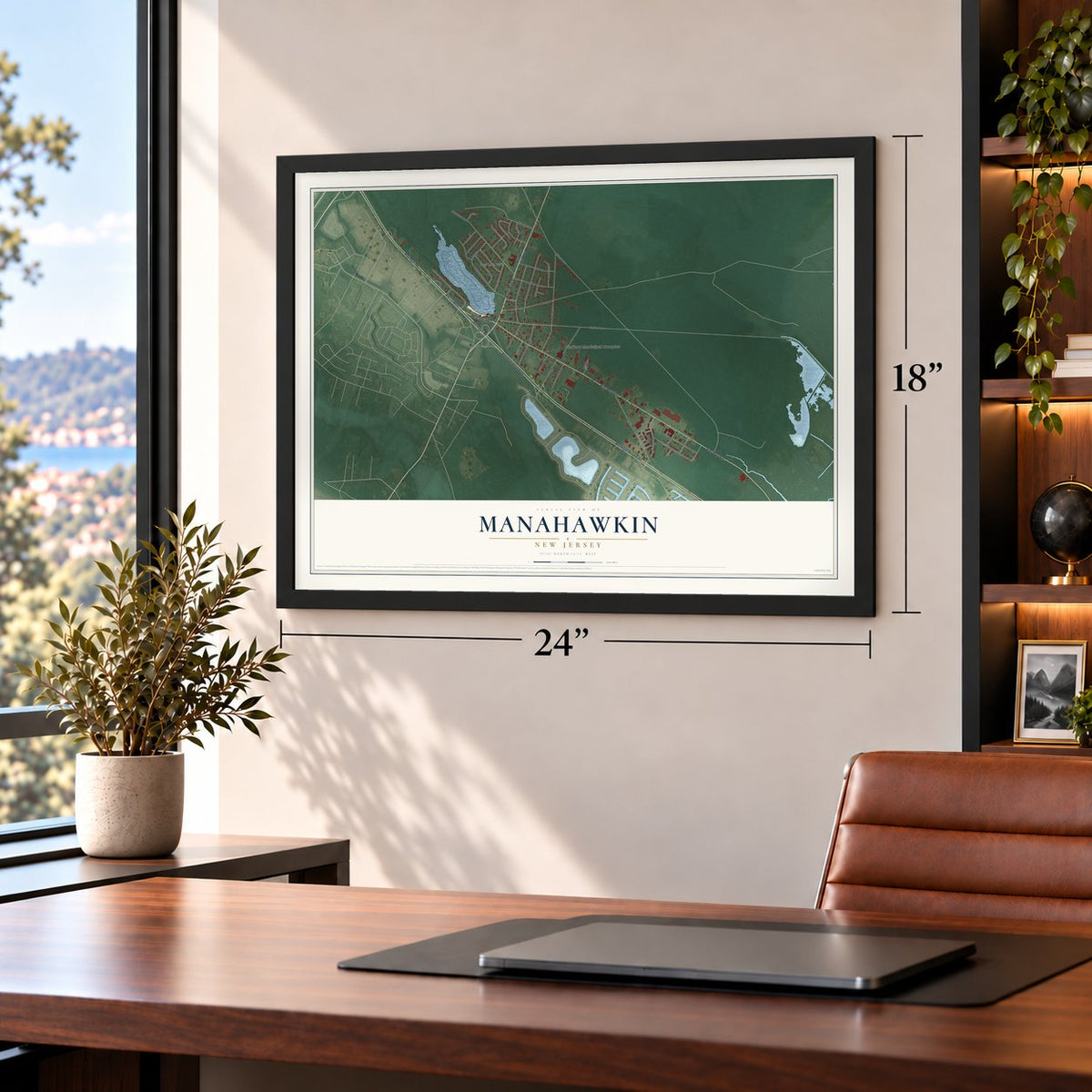 Manahawkin, New Jersey map, 18 x 24 inch print in a black frame in a home office