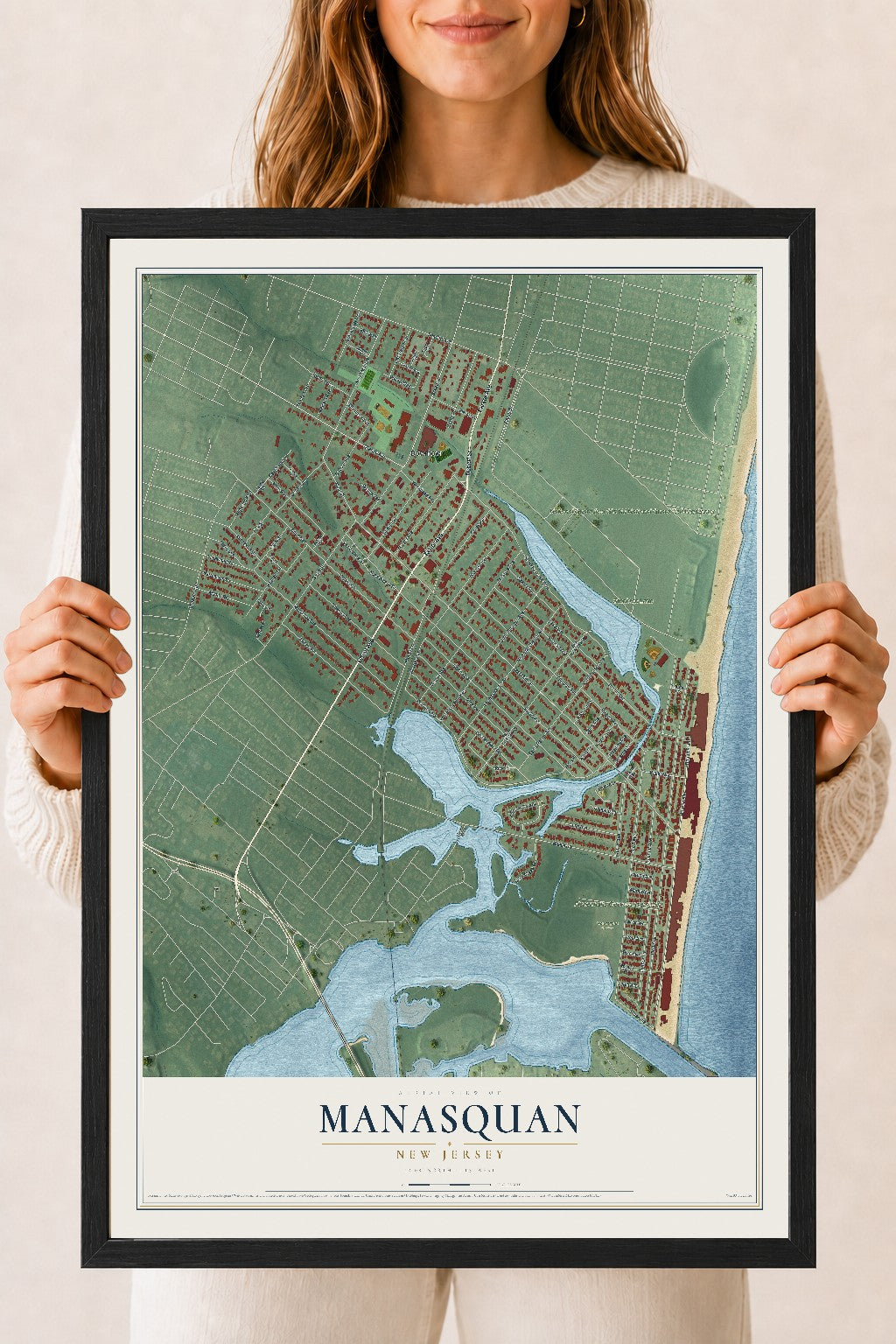 Manasquan, New Jersey map print, 18" x 24" W/ Black Ayous Wood Frame mockup