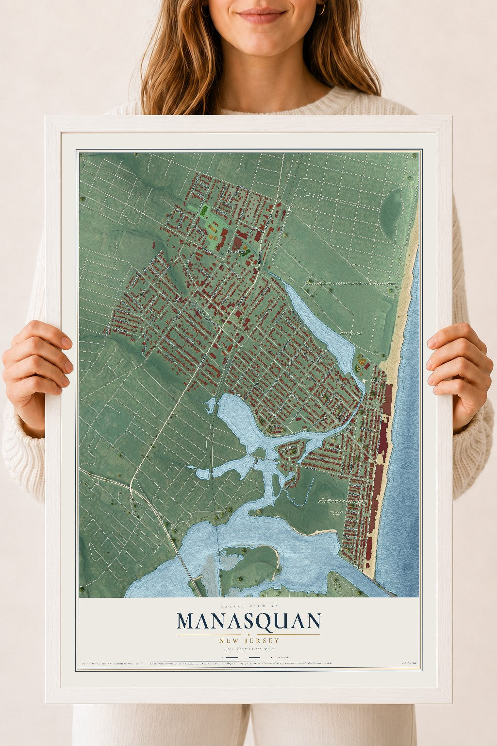 Manasquan, New Jersey map print, 18" x 24" W/ White Ayous Wood Frame mockup