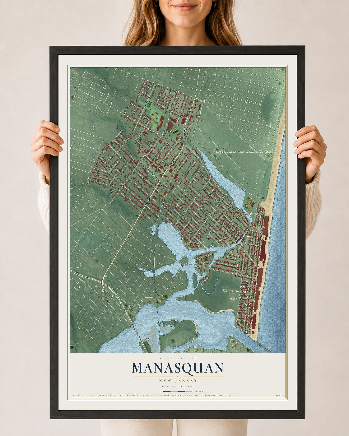 Manasquan, New Jersey map print, 24" x 36" W/ Black Ayous Wood Frame mockup