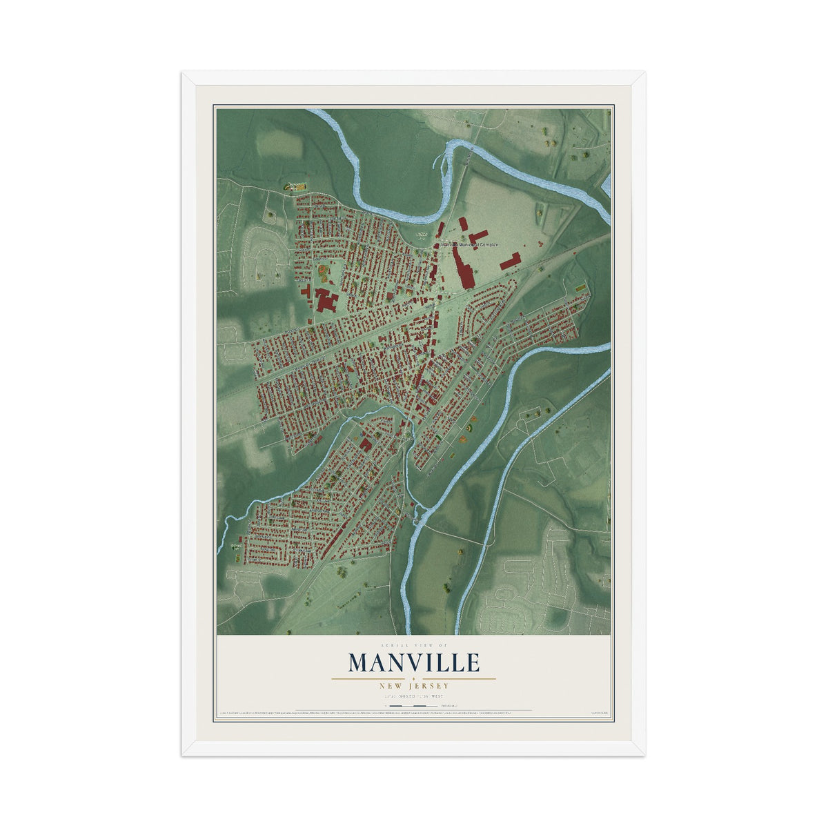 Manville, New Jersey map print, 12" x 18" W/ White Ayous Wood Frame mockup