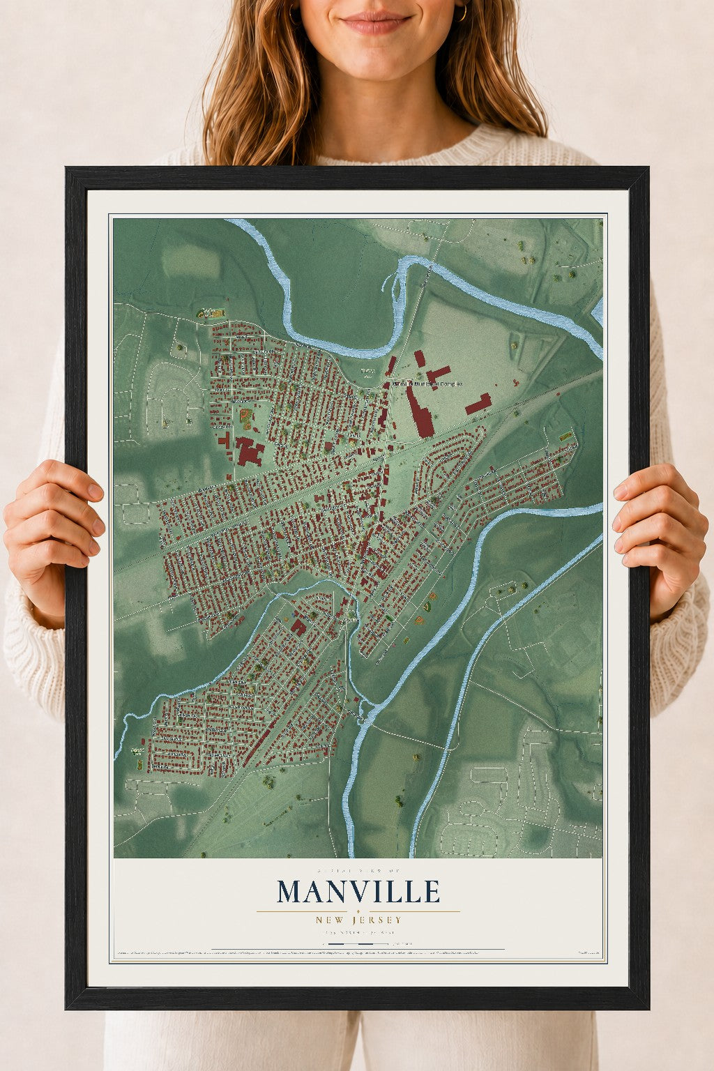 Manville, New Jersey map print, 18" x 24" W/ Black Ayous Wood Frame mockup