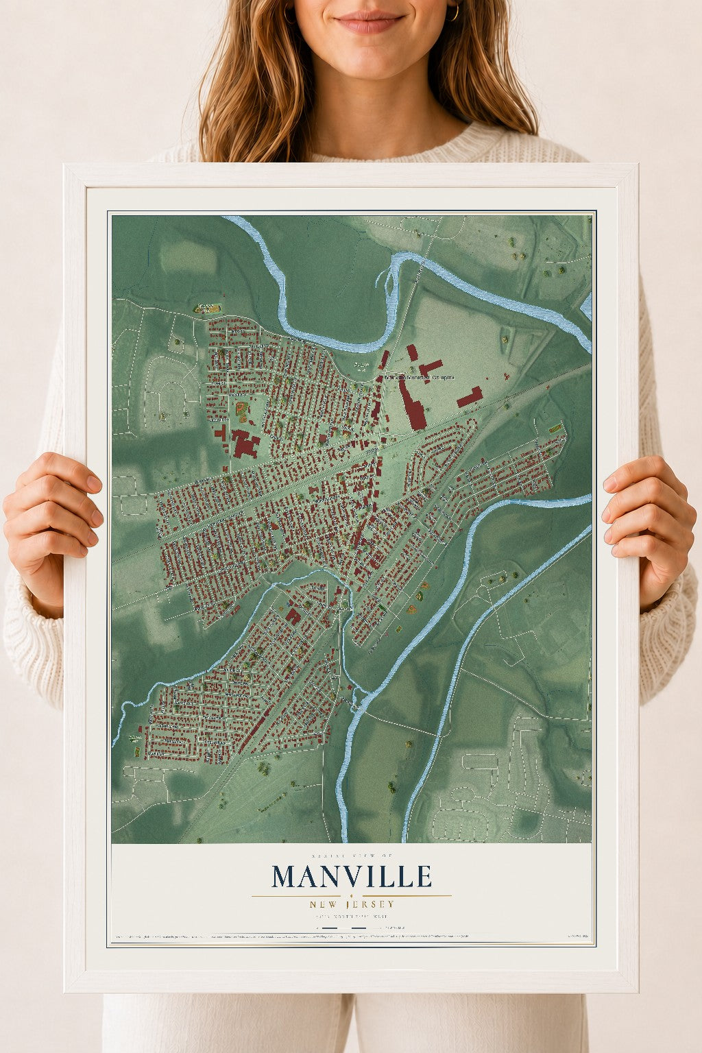 Manville, New Jersey map print, 18" x 24" W/ White Ayous Wood Frame mockup