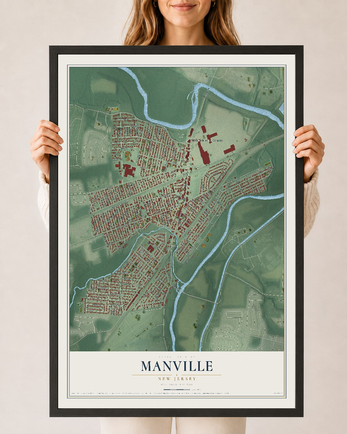 Manville, New Jersey map print, 24" x 36" W/ Black Ayous Wood Frame mockup