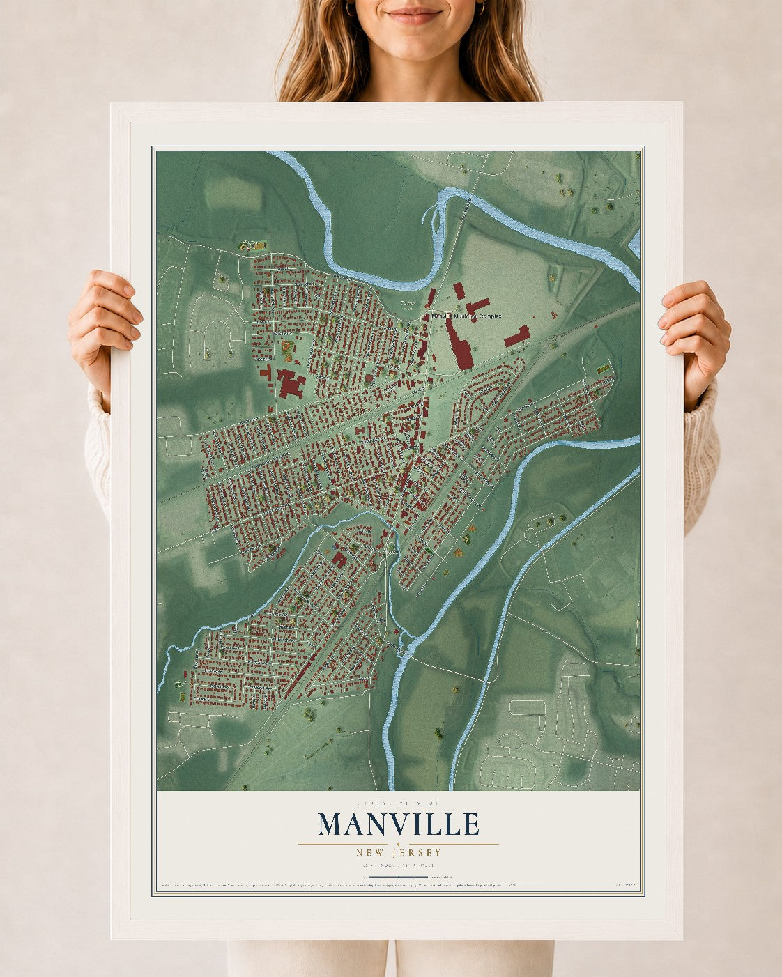 Manville, New Jersey map print, 24" x 36" W/ White Ayous Wood Frame mockup