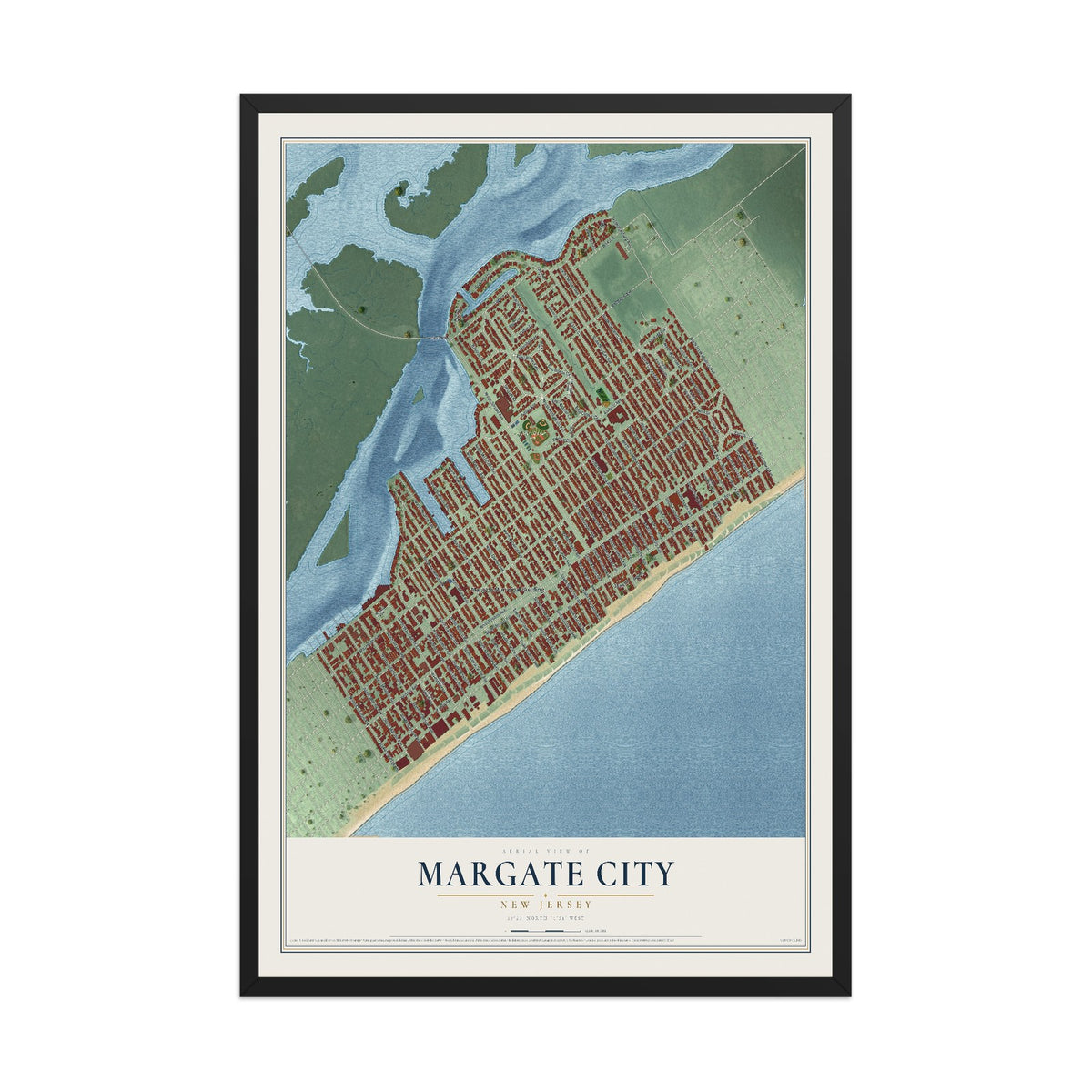 Margate City, New Jersey map print, 12" x 18" W/ Black Ayous Wood Frame mockup